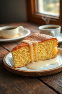 Fatia generosa de Bolo de milho de lata cremoso, úmido e dourado, sobre uma tábua de madeira rústica.