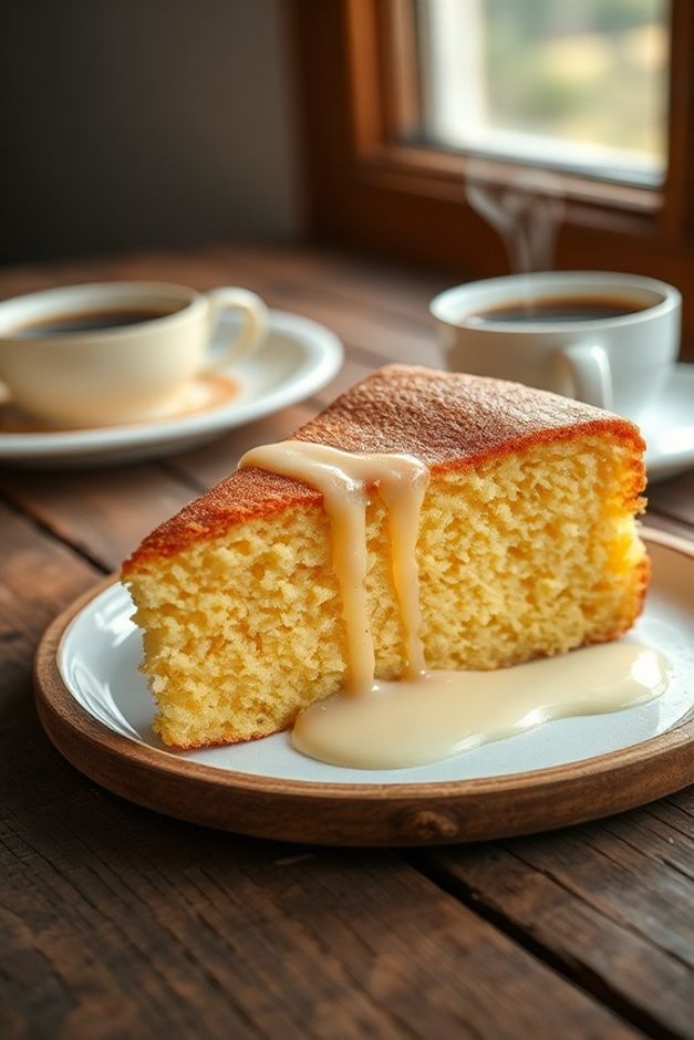 Fatia generosa de Bolo de milho de lata cremoso, úmido e dourado, sobre uma tábua de madeira rústica.