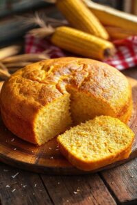Bolo de Milho Festa Junina dourado e úmido em uma mesa rústica, com uma fatia cortada mostrando seu miolo amarelo claro e macio.