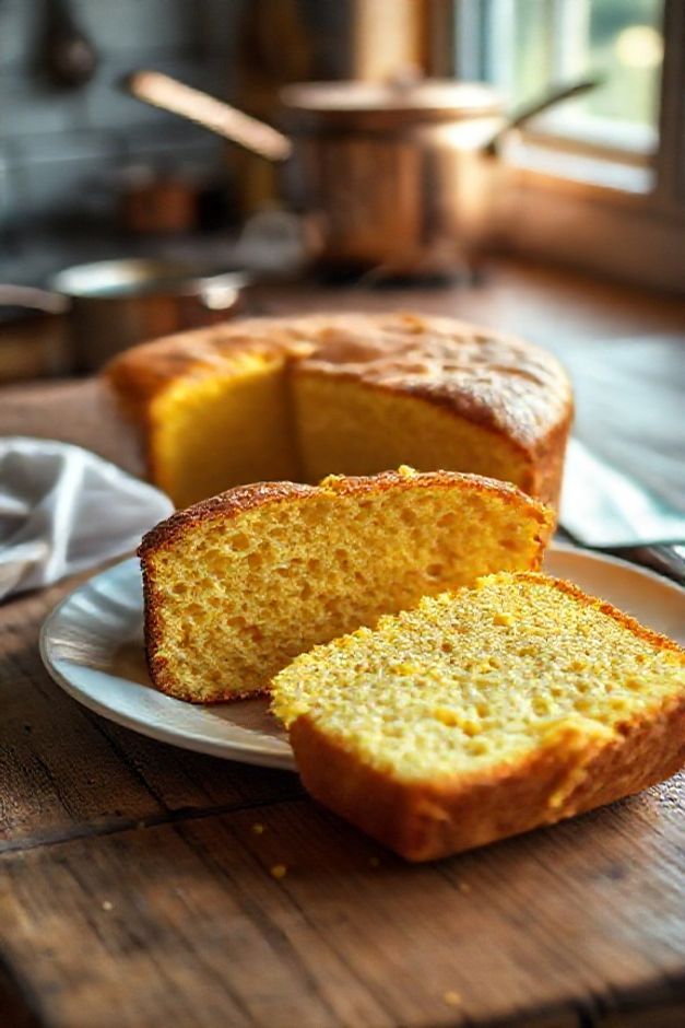 Bolo de Milho Verde Bateu Tá Pronto recém-assado e fatiado, mostrando miolo úmido e amarelo com pedaços de milho, em cima de uma tábua de madeira.