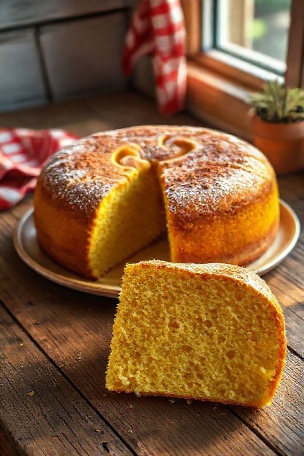 Bolo de Milho Verde de Festa Junina inteiro em um prato, com casca dourada e polvilhado com açúcar, mostrando uma fatia com miolo amarelo úmido e grãos de milho.