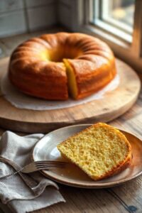 Bolo de Nata Caseiro dourado e fatiado sobre tábua de madeira, mostrando miolo amarelo claro úmido e textura macia, pronto para servir.