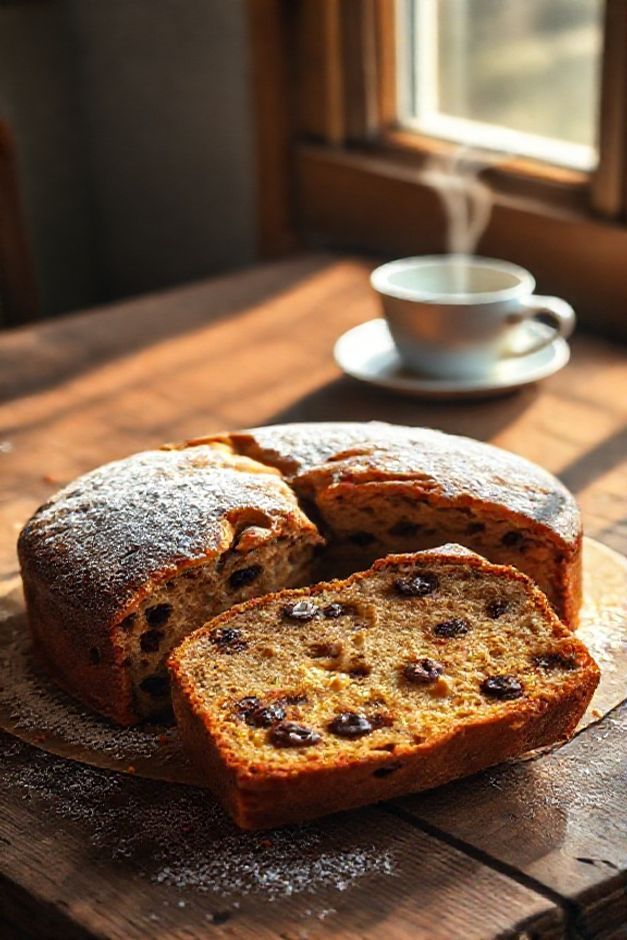 Fatia de Bolo de Passas com Rum sobre prato, mostrando massa escura e úmida repleta de passas, polvilhada com açúcar.