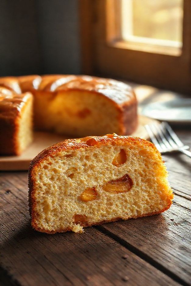 Fatia generosa de Bolo de Pêssego de Caixinha dourado e úmido, com pedaços da fruta visíveis e cobertura brilhante, sobre mesa rústica.