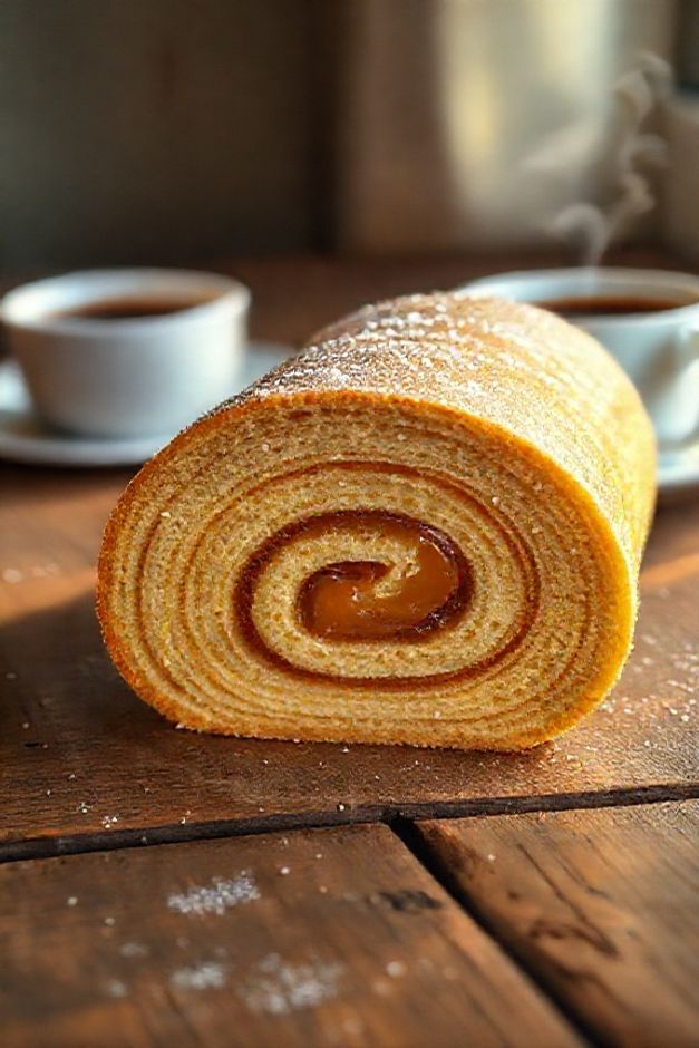 Fatia perfeita de Bolo de Rolo Simplificado mostrando suas finas camadas douradas e recheio cremoso de goiabada, polvilhado com açúcar.