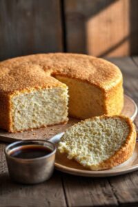 Fatia de Bolo de Tapioca Granulada Nordestino mostrando interior cremoso e casca dourada, servido com café em mesa rústica.
