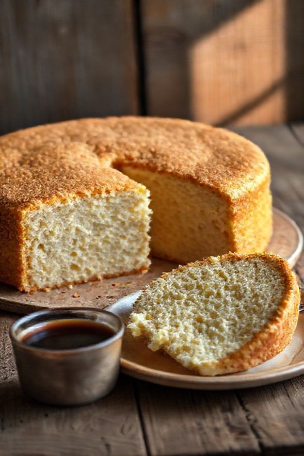 Fatia de Bolo de Tapioca Granulada Nordestino mostrando interior cremoso e casca dourada, servido com café em mesa rústica.