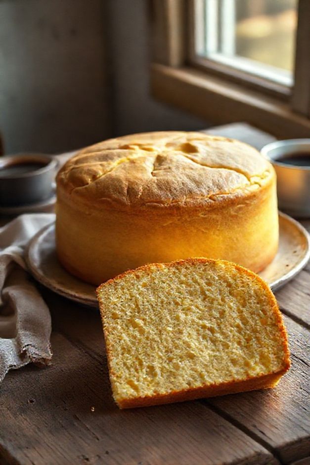 Bolo econômico com poucos ingredientes dourado e macio, inteiro em um prato, com uma fatia cortada mostrando o miolo fofo.
