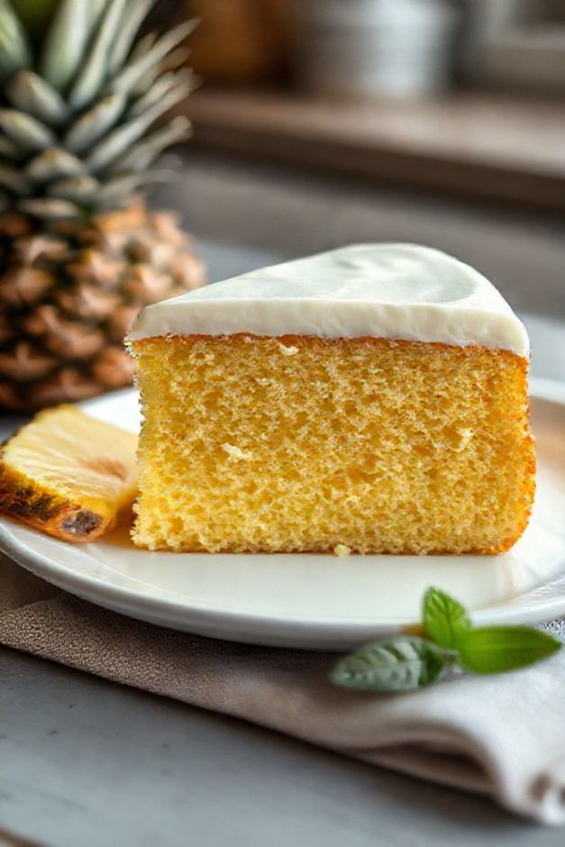 Fatia generosa de Bolo Gelado de Abacaxi mostrando massa amarela úmida e cobertura branca lisa, decorada com abacaxi fresco.