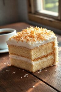 Fatia generosa do Bolo Gelado de Coco Toalha Felpuda, mostrando massa úmida e cobertura cremosa branca com coco ralado por cima.