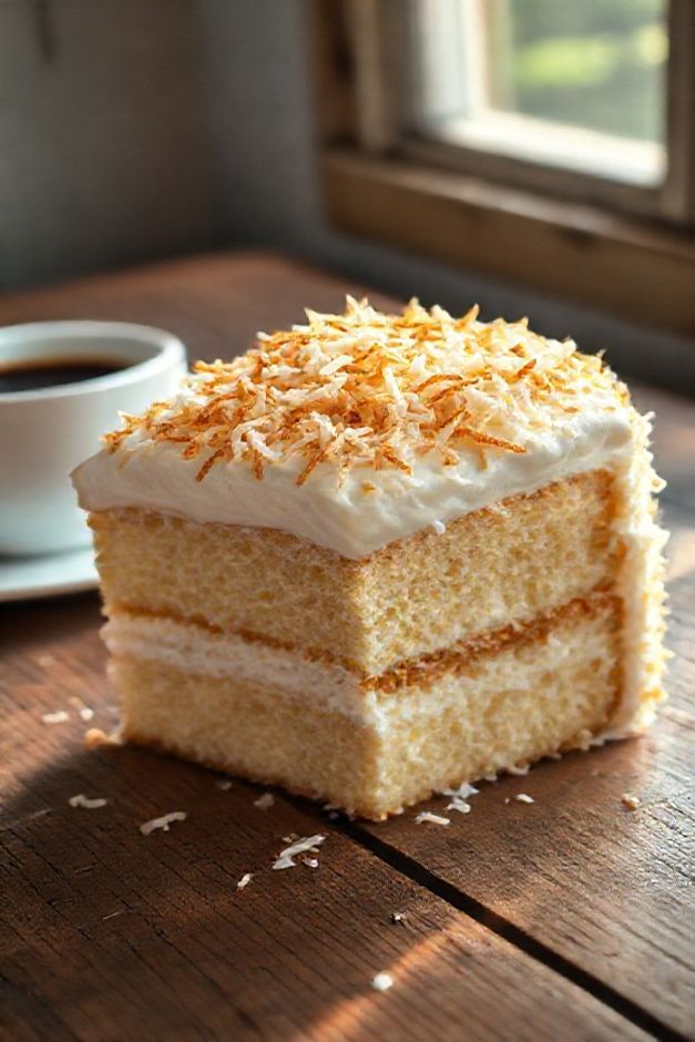 Fatia generosa do Bolo Gelado de Coco Toalha Felpuda, mostrando massa úmida e cobertura cremosa branca com coco ralado por cima.
