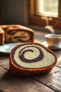 Fatia de Bolo Mesclado Marmorizado mostrando o padrão de espirais claras e escuras, sobre uma tábua de madeira rústica.