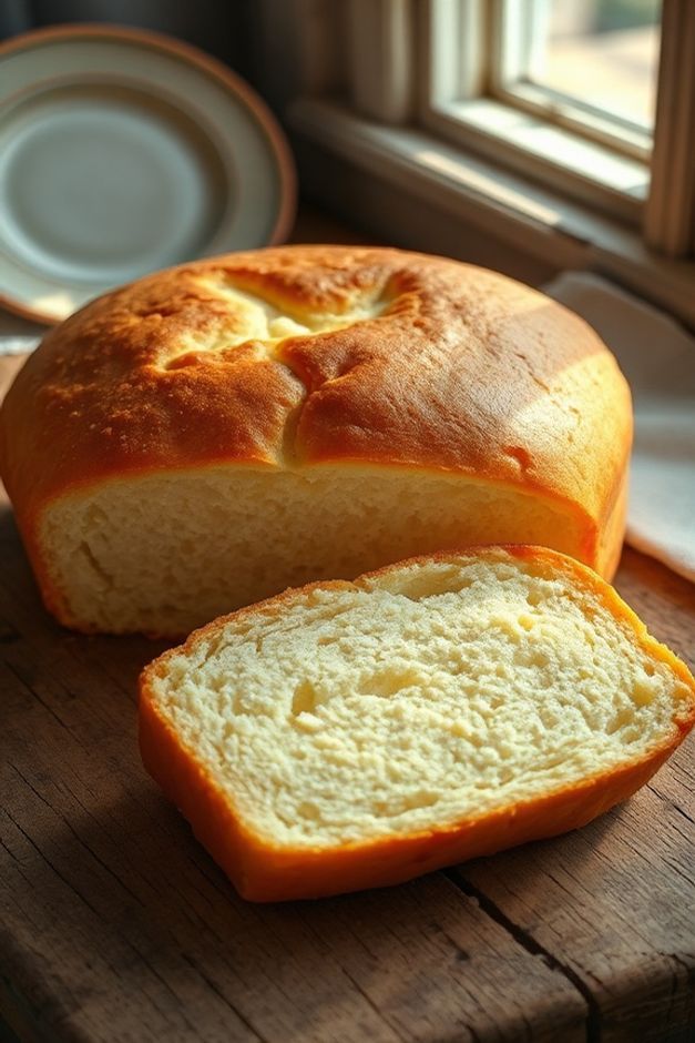 Bolo Pão de Ló Açoriano tradicional inteiro e fatiado, com miolo amarelo-claro muito fofo e casca dourada, sobre tábua de madeira rústica.
