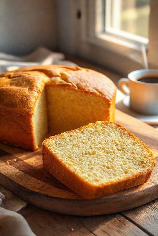 Bolo Simples de Baunilha Tipo Lanche dourado e fofo em uma tábua de madeira, com uma fatia cortada ao lado mostrando o miolo macio e amarelo.