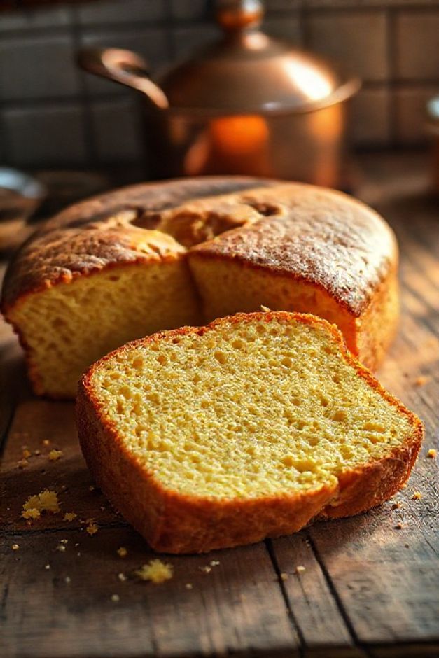 Fatia do Bolo Souza Leão (Pernambuco) mostrando sua massa amarela densa e úmida, sobre uma tábua de madeira rústica.