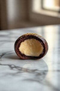 Brigadeiro gourmet para vender com cobertura brilhante de chocolate meio amargo e granulado dourado, mostrando o interior cremoso.