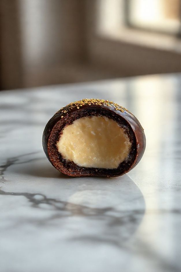 Brigadeiro gourmet para vender com cobertura brilhante de chocolate meio amargo e granulado dourado, mostrando o interior cremoso.