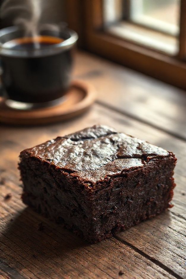 Brownie caseiro recém-cortado mostrando casca crocante e interior úmido e escuro de chocolate, sobre tábua de madeira.