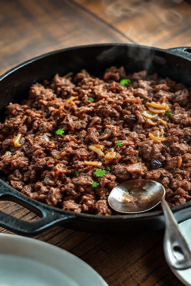 Carne moída simples para o dia a dia dourada e suculenta na frigideira, com cebola caramelizada e salsa picada, pronta para servir.