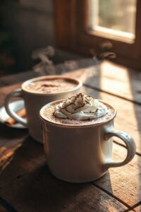 Caneca de porcelana branca com chocolate quente cremoso, coberto com chantilly e raspas de chocolate, mostrando como fazer chocolate quente perfeito.