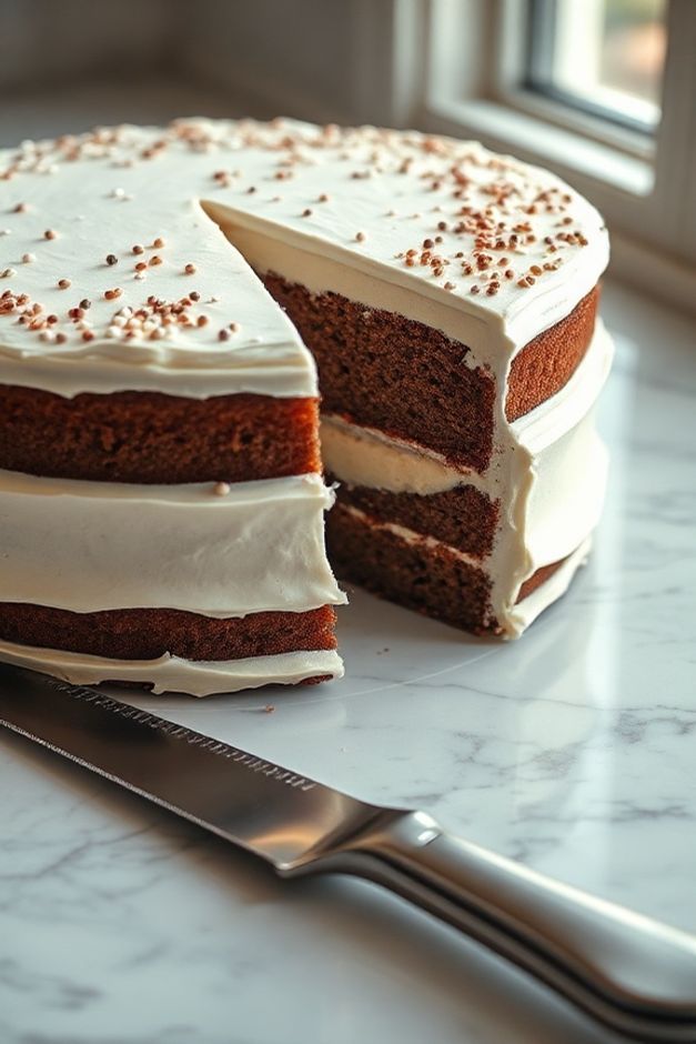 Fatia perfeita de bolo redondo cortada com técnica profissional, mostrando camadas de massa e recheio definidas sem migalhas.