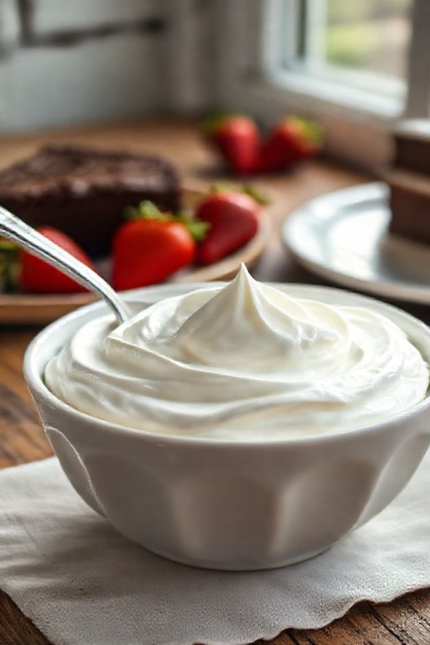 Tigela com chantilly caseiro branco e cremoso feito na hora, mostrando picos perfeitos ao lado de morangos frescos.