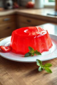 Gelatina de morango perfeita e vibrante servida em um prato branco, mostrando como fazer gelatina com textura firme e brilhante.