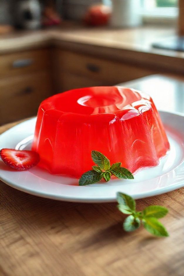 Gelatina de morango perfeita e vibrante servida em um prato branco, mostrando como fazer gelatina com textura firme e brilhante.