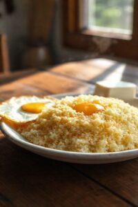 Prato de cuscuz de milho tradicional brasileiro, soltinho e amarelo-claro, servido quente ao lado de um ovo frito e queijo.