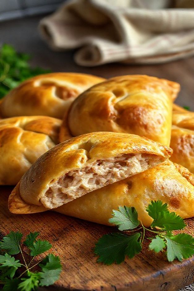 Empada de liquidificador dourada e crocante recém-saída do forno, com recheio cremoso de frango visível, servida em uma tábua de madeira rústica.