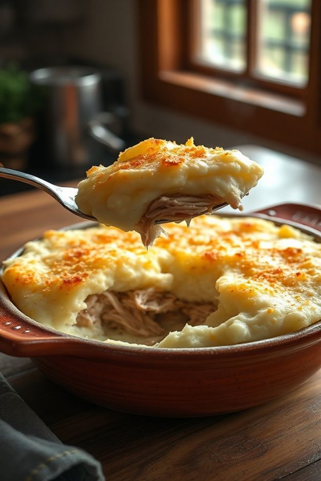 Foto realista de um Escondidinho de Frango Simples recém-saído do forno, com purê de batata gratinado e recheio úmido visível.