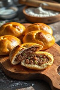 Esfiha caseira com massa fácil recém-assada, dourada e aberta mostrando o recheio suculento de carne temperada com hortelã, sobre tábua de madeira rústica.