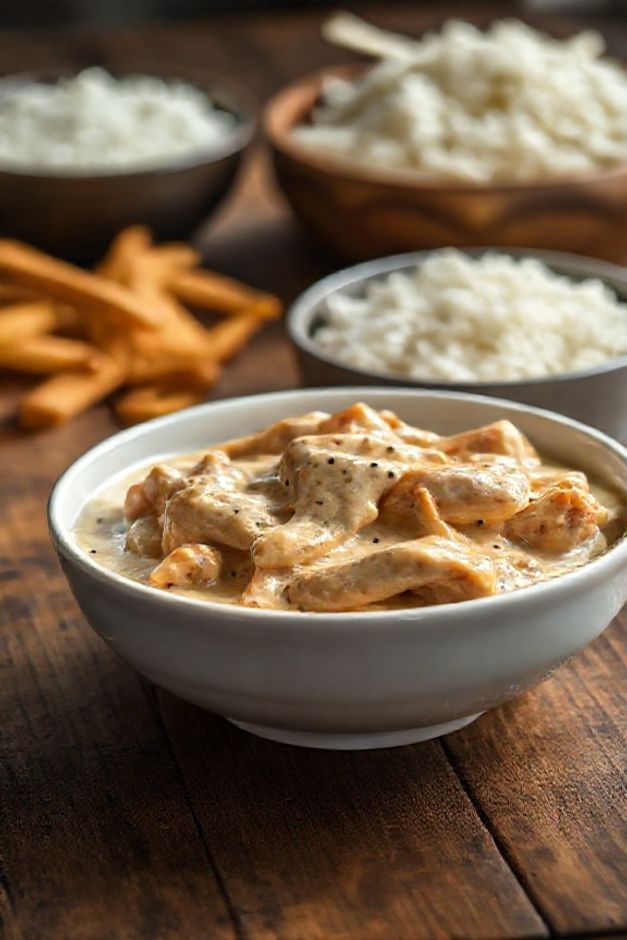 Estrogonofe de frango tradicional servido em uma tigela branca, com molho cremoso cor bege-claro envolvendo tiras douradas de frango.