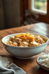 Estrogonofe de Frango Tradicional servido em uma tigela branca com molho cremoso dourado, frango em pedaços e batata palha crocante por cima.