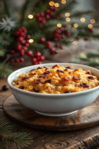 Farofa Natalina Tradicional dourada e soltinha em uma tigela branca, com pedacinhos de bacon crocante e frutas secas visíveis.