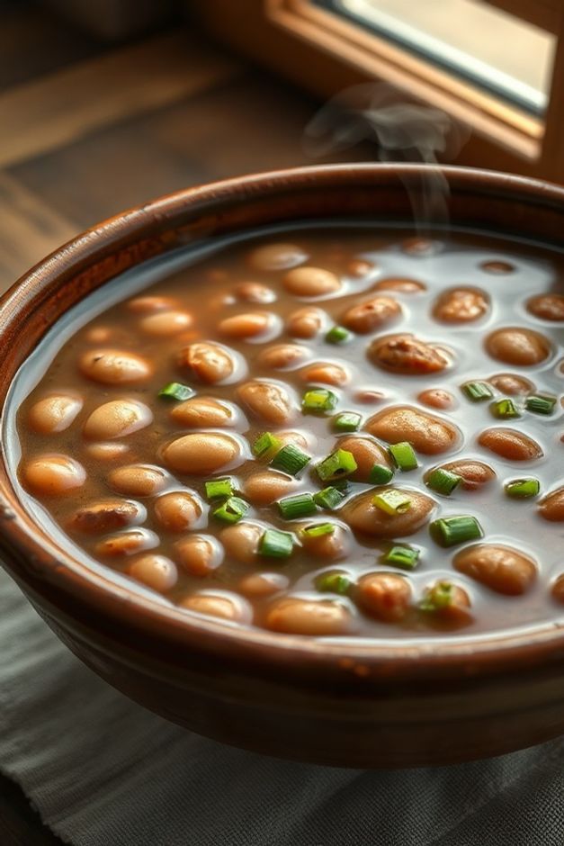 Panela de barro com Feijão temperado simples cremoso, caldo espesso e grãos macios, finalizado com cebolinha verde picada.