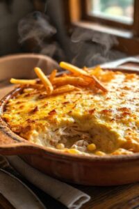 Fricassê de frango simples gratinado em refratário, com queijo derretido dourado e coberto por batata palha crocante.