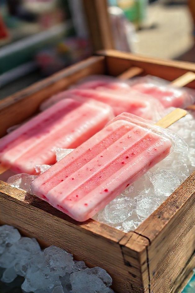 Geladinho gourmet para vender com textura cremosa cor-de-rosa sobre gelo picado, mostrando embalagem transparente e aparência profissional.