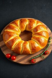 Guirlanda de Pão de Queijo recém-assada, dourada e crocante, com recheio cremoso visível, em uma tábua de madeira rústica.