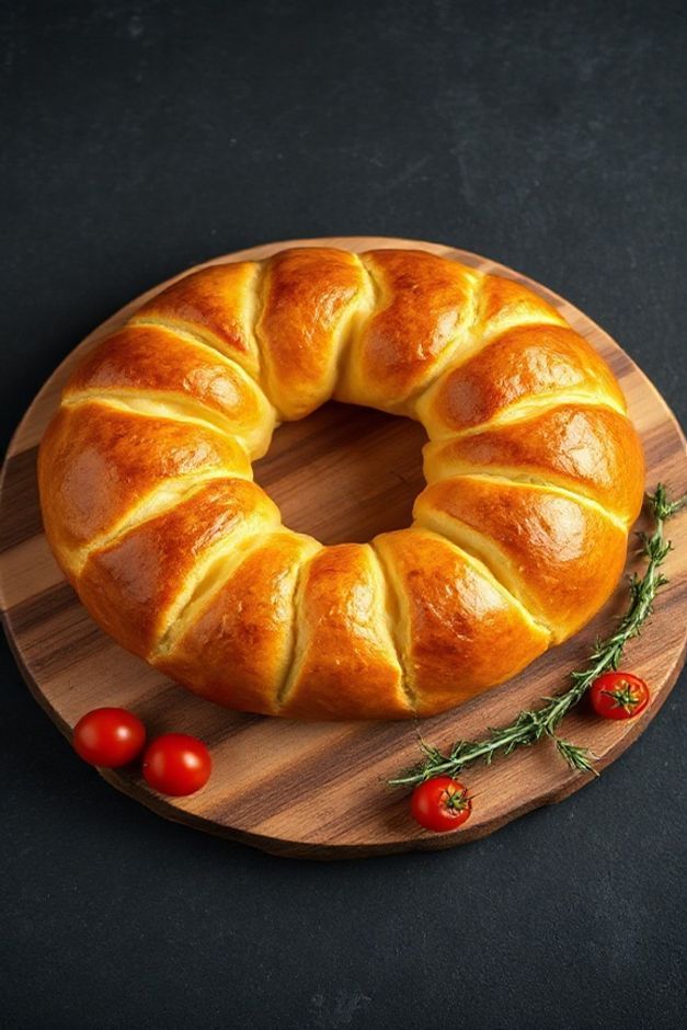 Guirlanda de Pão de Queijo recém-assada, dourada e crocante, com recheio cremoso visível, em uma tábua de madeira rústica.