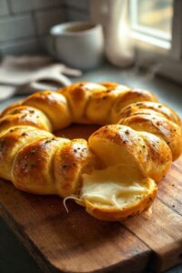 Guirlanda de pão de queijo dourada e crocante, recheada com catupiry cremoso, apresentada em forma de coroa sobre tábua de madeira.