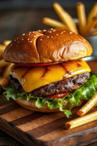 Hambúrguer artesanal caseiro com queijo derretendo, em um pão brioche macio, acompanhado de batatas fritas crocantes sobre tábua de madeira.