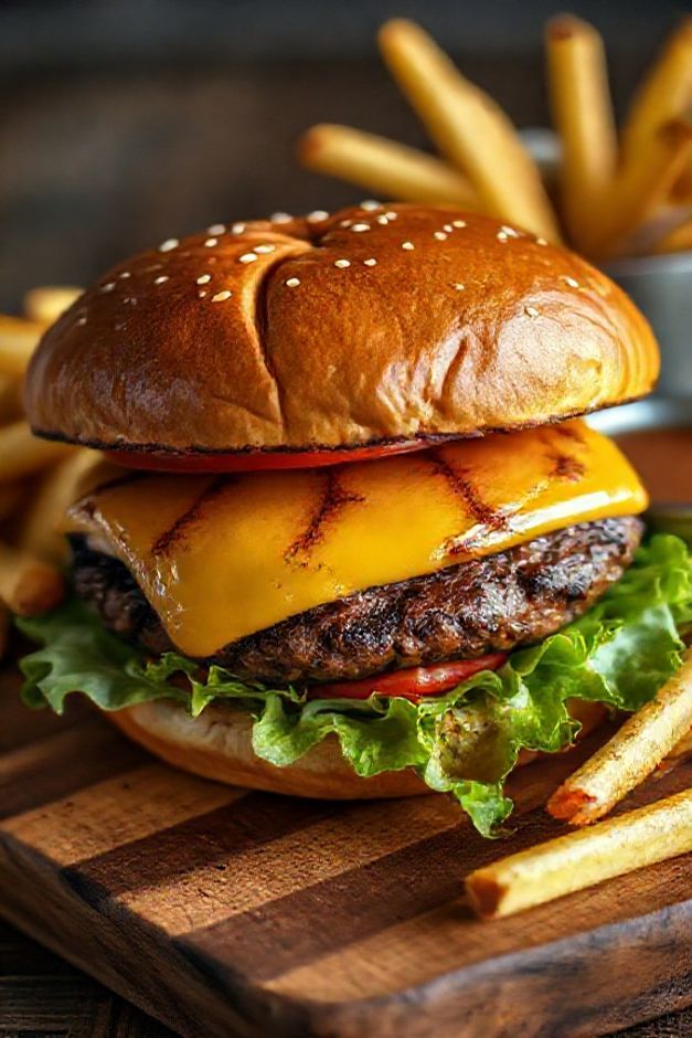 Hambúrguer artesanal caseiro com queijo derretendo, em um pão brioche macio, acompanhado de batatas fritas crocantes sobre tábua de madeira.