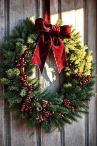 Guirlanda natalina artesanal pendurada em porta de madeira, com ramos verdes, pinhas, frutinhas vermelhas e laço de veludo.