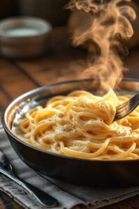 Macarrão cremoso de panela só servido na própria panela, com molho aveludado cobrindo a massa e queijo derretido visível.