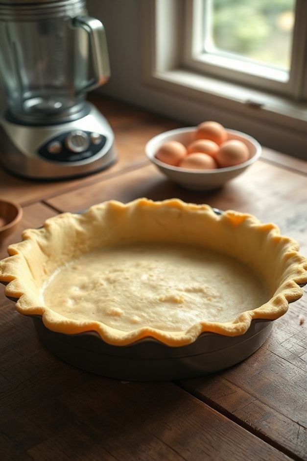 Massa de torta salgada de liquidificador dourada e crocante, desenformada em uma base de madeira rústica.