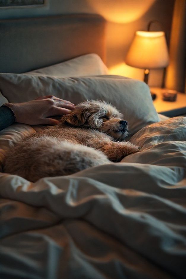 Cachorro dormindo tranquilamente na cama ao lado de seu tutor, ilustrando a resposta para Meu cachorro pode dormir na minha cama? em um quarto aconchegante.