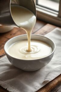 Molho branco cremoso caseiro sendo servido quente em uma tigela branca, mostrando textura lisa e aveludada.