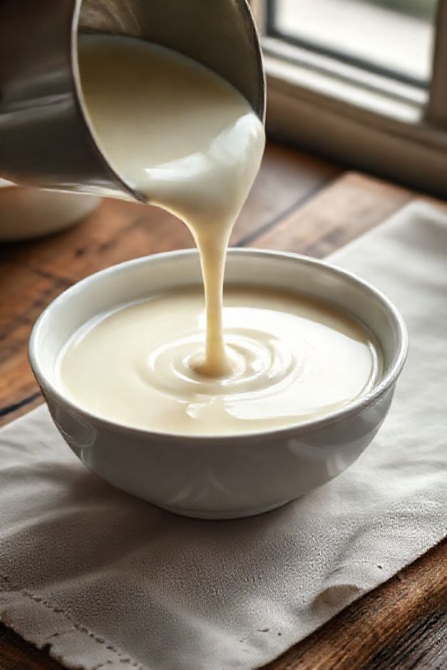 Molho branco cremoso caseiro sendo servido quente em uma tigela branca, mostrando textura lisa e aveludada.