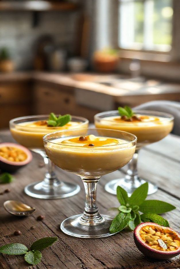 Taça individual com Mousse de maracujá com 3 ingredientes cremoso e amarelo, decorado com polpa da fruta e folha de hortelã.